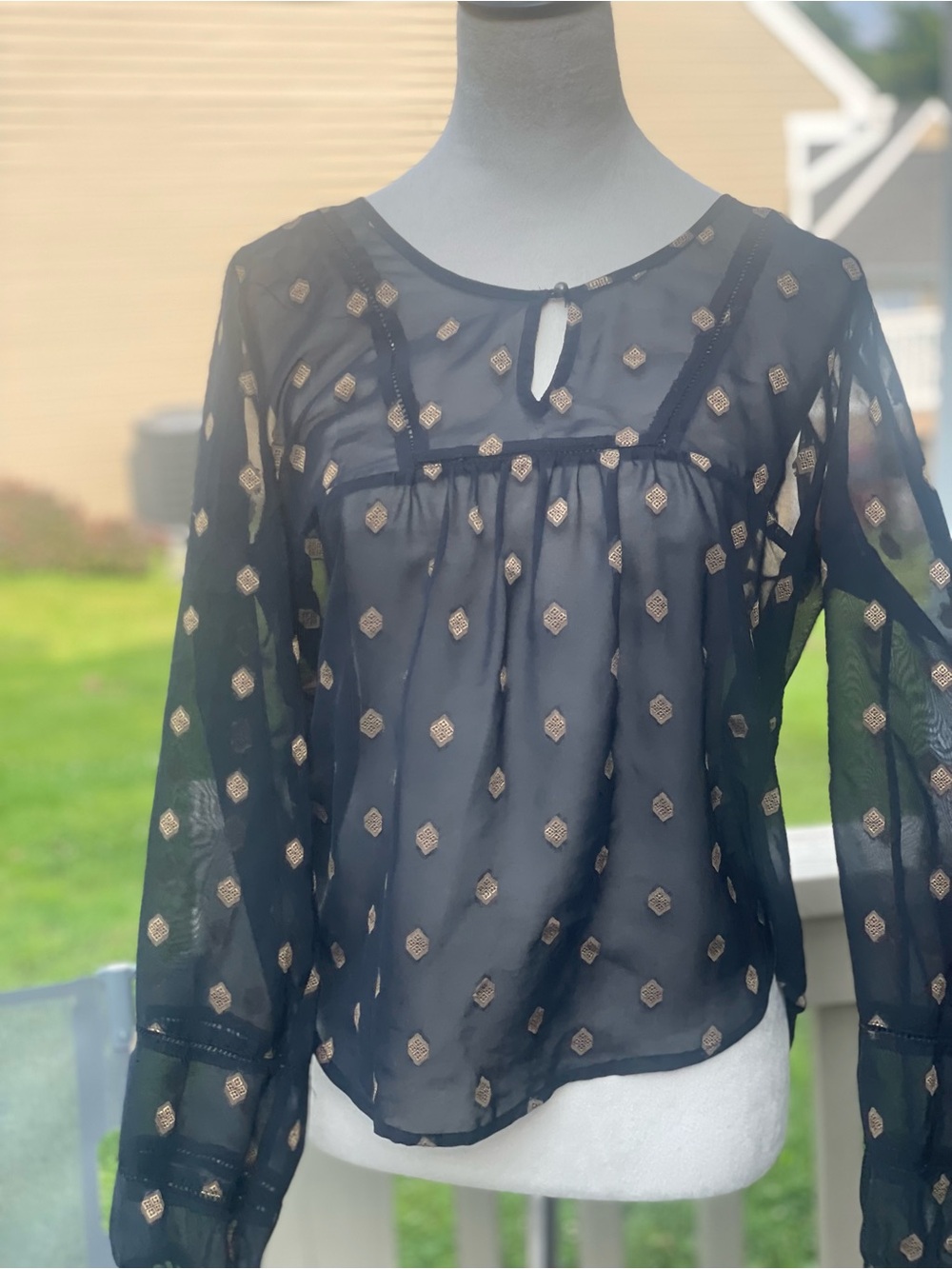 Lucky Brand Black Sheer Blouse with Gold Diamond Motif